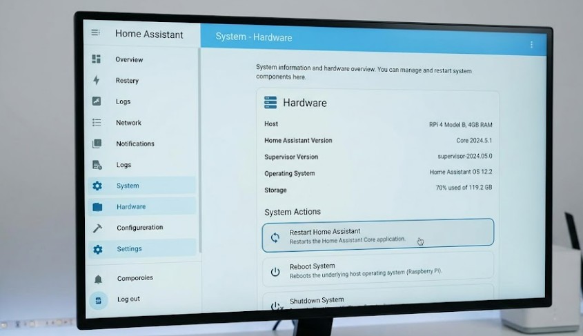 Home Assistant Settings page showing System