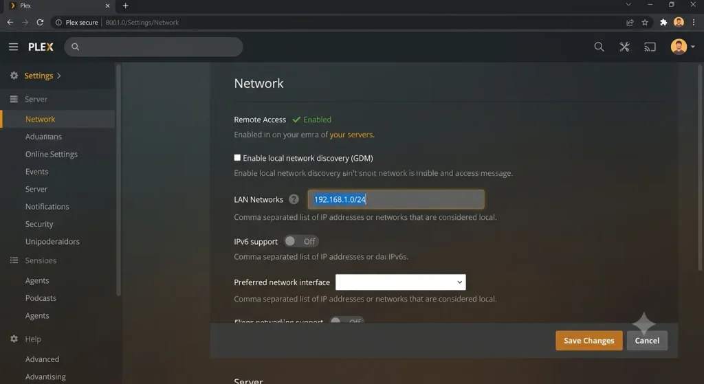 Plex server Network settings page showing the LAN Networks field with a subnet entered