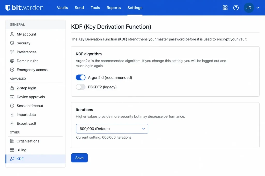 Screenshot of Bitwarden's KDF settings page showing Argon2id toggle and iteration count options