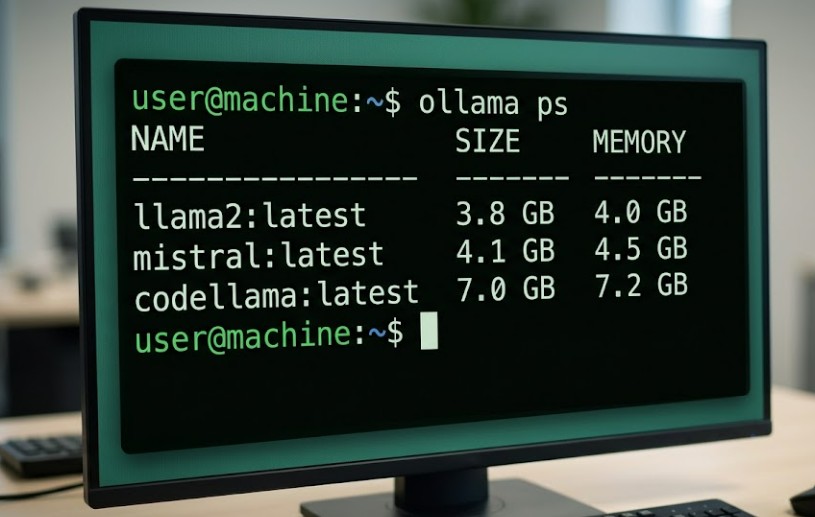 Terminal output of ollama ps showing model name, size, and memory usage