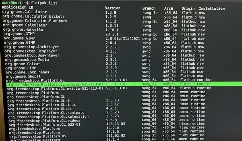 Terminal showing flatpak list output with the nvidia GL